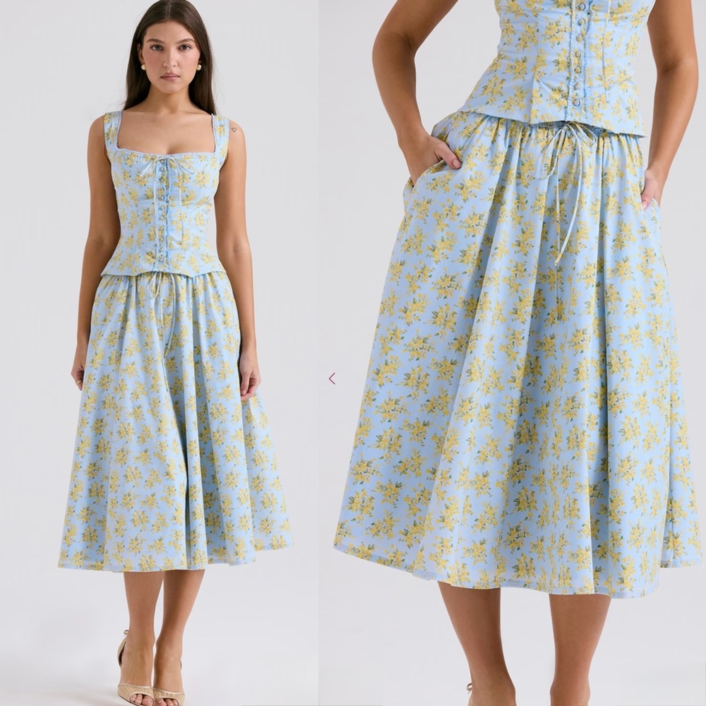 House of CB CORA Soft Blue Vintage Floral Print Cotton Midi Skirt - Picture 4 of 15